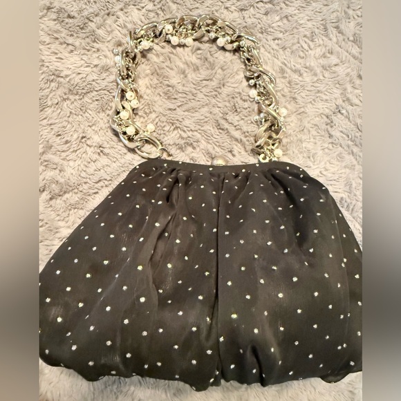 Betsey Johnson Black and Shiny Polka Dot Handbag with Silver Chain - Picture 5 of 8